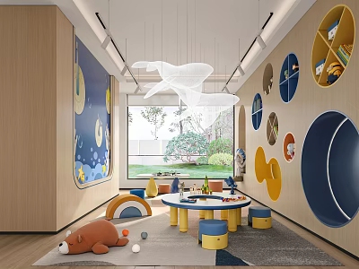 Kindergarten Interior With Circular Storage Blue Yellow Decor Cloud Pendant Lights And Colorful Tables 3d model