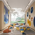 Kindergarten Interior With Circular Storage Blue Yellow Decor Cloud Pendant Lights And Colorful Tables