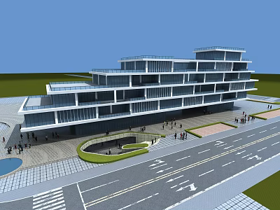 Modern Glass Office Building With Multiple Floors And Open Pedestrian Plaza 3d model