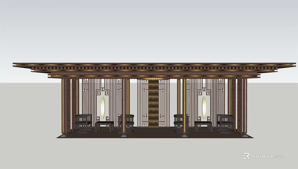 Chinese Style Pergola With Wooden Columns Lattice Panels And Seating Area 3d model 