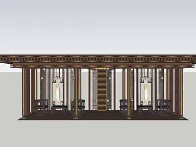 Chinese Style Pergola With Wooden Columns Lattice Panels And Seating Area 3d model