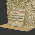 Wooden Pallet Leaning Against Ivy Covered Wall On Red Stone Floor