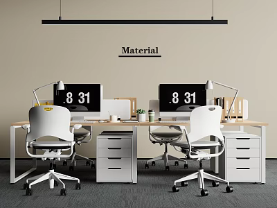 Modern Office Desk Setup With Two White Ergonomic Chairs Computer Monitors And Drawers 3d model