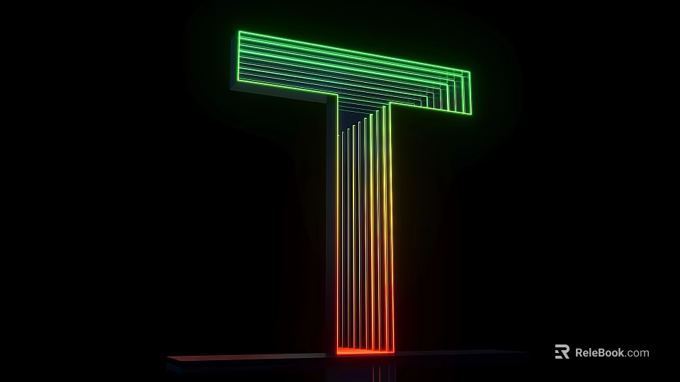 3D T Letter Design With Neon Illuminated Gradient Colors On Black Background 3d model 