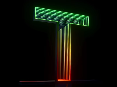 3D T Letter Design With Neon Illuminated Gradient Colors On Black Background 3d model