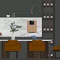 Modern Restaurant Interior With Gray Cabinets Orange Chairs And Marble Dining Table 3d model