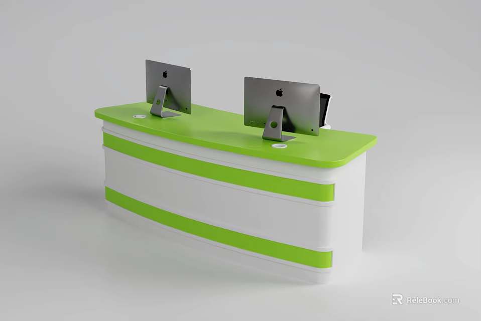 School Reception Desk With Green And White Design And Two Computers 3d model