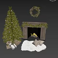 Cozy Garden Christmas Scene With Decorated Tree Wreath Ornaments Lights Gifts And Fire