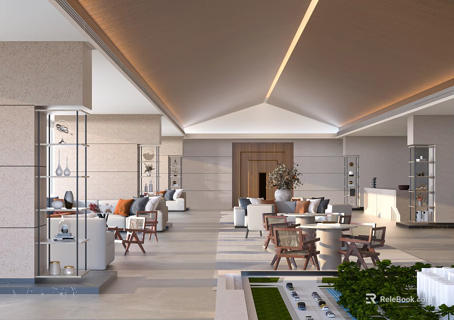 Modern Sales Center Interior With Comfortable Sofas Tables Chairs Green Plants And Warm Lighting 3d model 