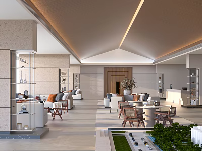 Modern Sales Center Interior With Comfortable Sofas Tables Chairs Green Plants And Warm Lighting 3d model
