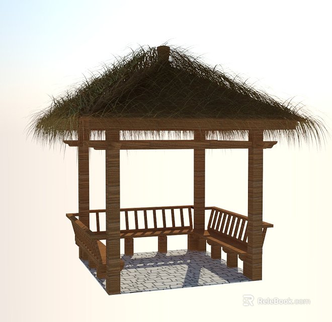 Traditional Outdoor Wooden Gazebo With Thatched Roof And Bench Seating 3d model 