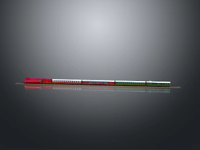 Red Headed Train Model With Colorful Carriages On Black Background And Reflection 3d model