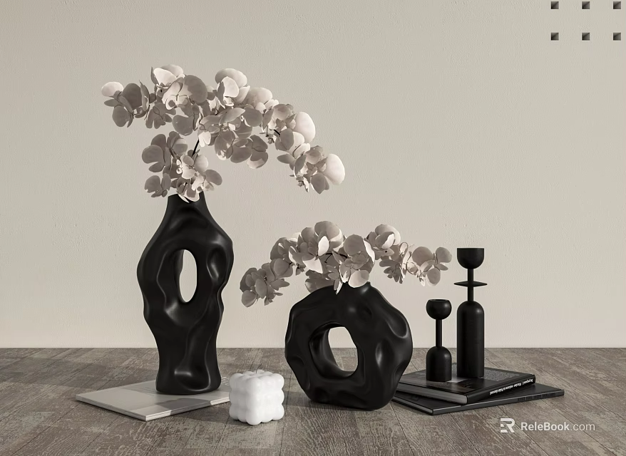 Black Ceramic Vases With White Flowers And Decorative Items On Wooden Table For Living Room 3d model 
