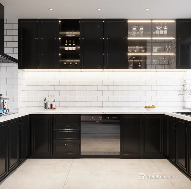 Modern Black Kitchen With White Tile Backsplash Glass Door Cabinets White Countertop And Built-in Appliances 3d model 