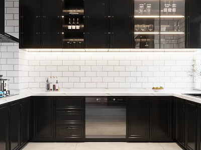 Modern Black Kitchen With White Tile Backsplash Glass Door Cabinets White Countertop And Built-in Appliances 3d model