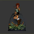 Pink Haired Female Adventurer Crouching On Rocky Platform Holding Pistol With Lush Green Plants