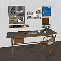 Middle Ancient Solid Wood Bookshelf Combination Desk and Chair 3d model