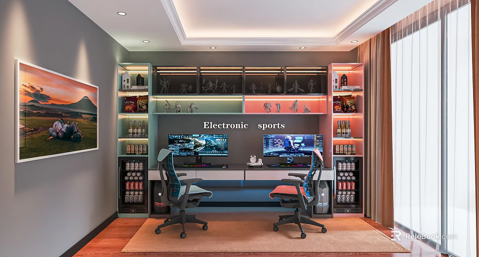 Modern Electronic Sports Entertainment Room Interior With Dual Monitors And Gaming Chairs 3d model 