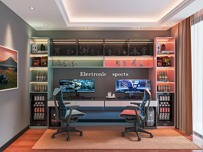 Modern Electronic Sports Entertainment Room Interior With Dual Monitors And Gaming Chairs 3d model