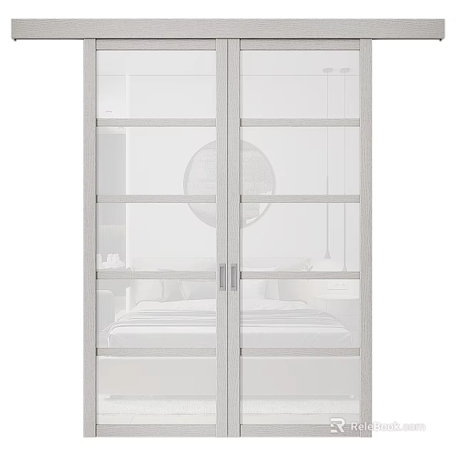 Modern White Sliding Double Doors With Grid Glass Panels In Bedroom Wardrobe Design 3d model 