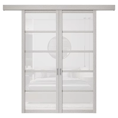 Modern White Sliding Double Doors With Grid Glass Panels In Bedroom Wardrobe Design 3d model