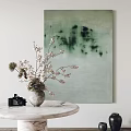 Soft Green Abstract Painting with Floral Vase and Vintage Camera on Marble Table