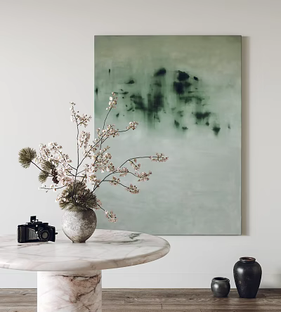 Soft Green Abstract Painting with Floral Vase and Vintage Camera on Marble Table 3d model