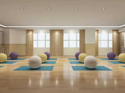Bright Fitness Studio Featuring Yoga Balls Yoga Mats on Wooden Floor and Curtain Windows 3d model