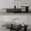 Modern Black Coffee Table with Decorative Items Vase Sculpture and Green Plant on Minimalist Rug