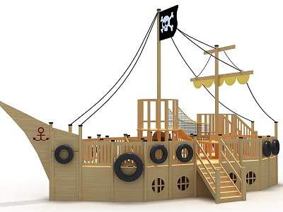 Wooden Pirate Ship Play Equipment For Kids Outdoor With Climbing Structure Tire Decorations And Flag 3d model