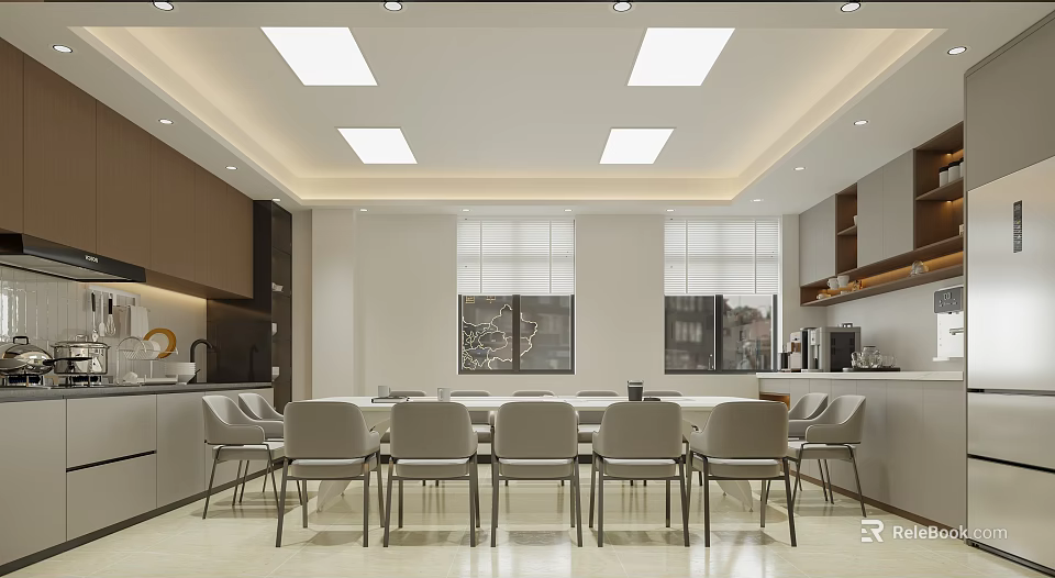 Modern Office Meeting Area With Gray Chairs Square Ceiling Lights And Windows 3d model
