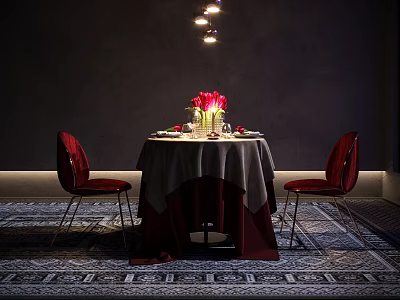 Elegant Dining Table Set With Red Chairs Floral Arrangement Pendant Lighting And Decorative Rug 3d model