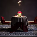 Elegant Dining Table Set With Red Chairs Floral Arrangement Pendant Lighting And Decorative Rug