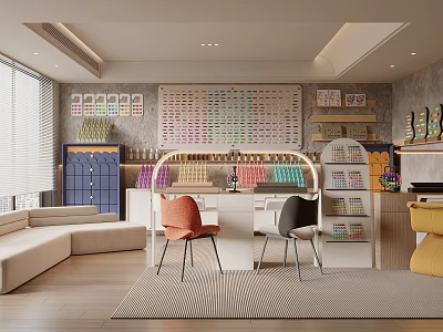 Modern Hair Beauty Salon Interior With Stylish Chairs Color Chart And Product Shelves 3d model