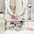 White Dressing Table With Oval Mirror Cosmetics Rose And Carved Drawer Handles