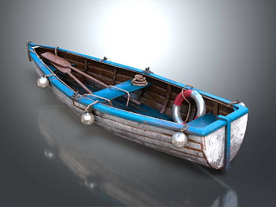 Vintage Wooden Boat With Blue White Hull Paddle Lifebuoy And Rope 3d model