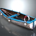 Vintage Wooden Boat With Blue White Hull Paddle Lifebuoy And Rope