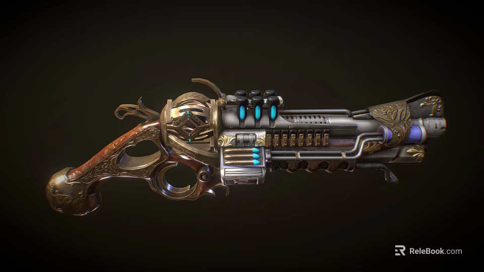 Ornate Vintage Gun With Intricate Engravings Mechanical Parts And Glowing Blue Accents 3d model 