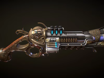 Ornate Vintage Gun With Intricate Engravings Mechanical Parts And Glowing Blue Accents 3d model