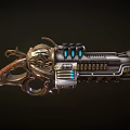 Ornate Vintage Gun With Intricate Engravings Mechanical Parts And Glowing Blue Accents