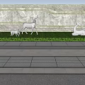 Feature Wall Night View With Stone Texture Yellow Strip Lighting And Deer Sculptures On Grass