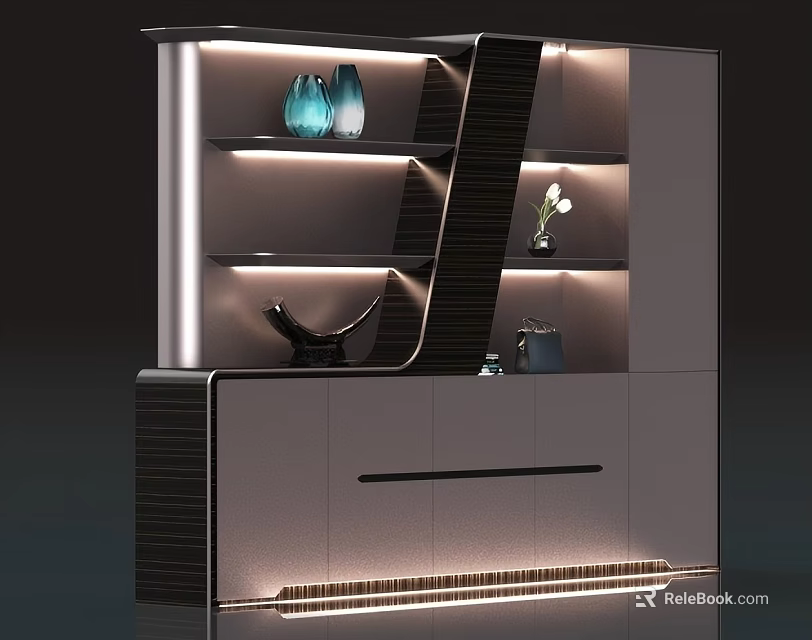Elegant Modern File Cabinet with Illuminated Shelves Decorative Vases and Plant 3d model 
