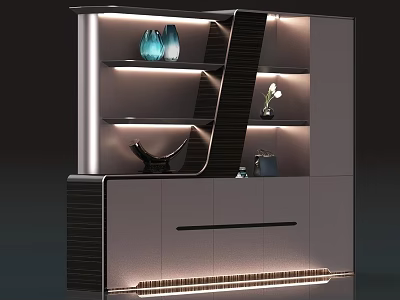 Elegant Modern File Cabinet with Illuminated Shelves Decorative Vases and Plant 3d model
