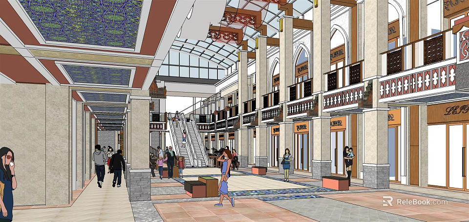 Shopping Mall Atrium With Glass Skylight Columns Staircase Shop Fronts And Shoppers Walking 3d model 