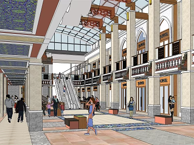 Shopping Mall Atrium With Glass Skylight Columns Staircase Shop Fronts And Shoppers Walking 3d model