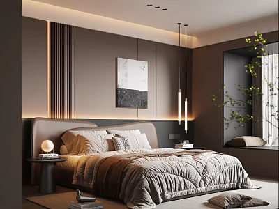 Modern Bedroom Interior Design With Textured Quilt Upholstered Headboard Pendant Lights And Striped Wall Paneling 3d model