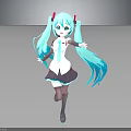 Anime Character With Teal Long Hair Twin Ponytails Red Accessories White Top And Purple Skirt