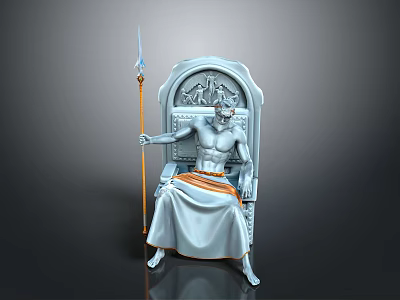 Muscular Mythic Warrior Seated On Ornate Throne Holding Spear With Creature Engravings 3d model
