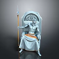 Muscular Mythic Warrior Seated On Ornate Throne Holding Spear With Creature Engravings