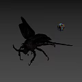 3D Render Of Large Horned Beetle With Spread Wings And Colorful Cube